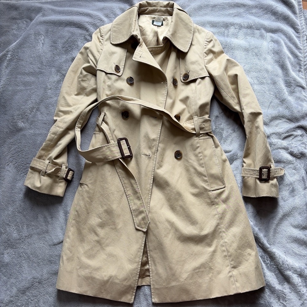 J Crew Trench Tan Coat Size 0 Women's Belted Double Breasted